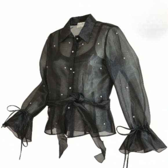 Joseph Ribkoff Black Sheer Organza Blouse Faux Pearls Bell Sleeve Tie Waist NWT4 - Picture 2 of 13